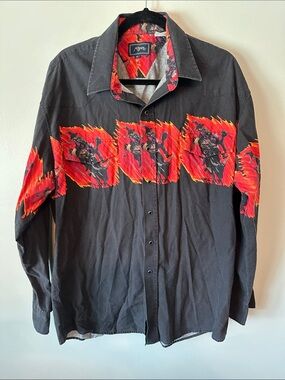 Roper Black Button-Down Shirt with Red Flame Graphic Band